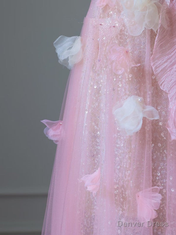 Modest A Line Sweetheart Pink Tulle Sequin Flowers Prom Dress