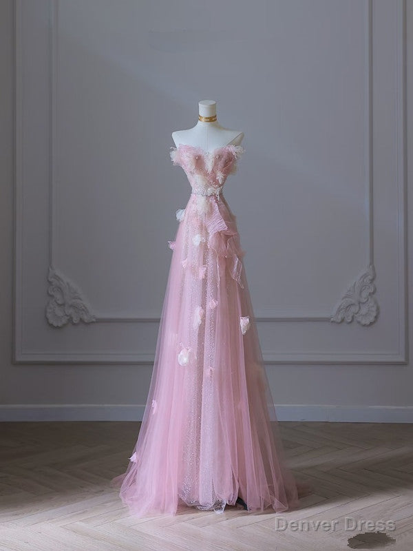 Modest A Line Sweetheart Pink Tulle Sequin Flowers Prom Dress Main image