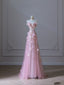 Modest A Line Sweetheart Pink Tulle Sequin Flowers Prom Dress