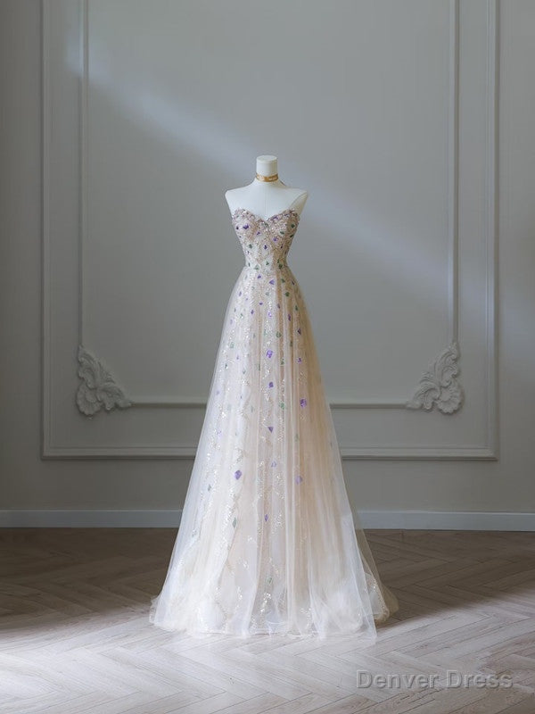 Modest A Line Sweetheart Tulle Flowers Long Prom Dress