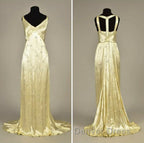 Modest A Line V Neckline Yellow Satin Beads Long Party Dresses Prom Dresses