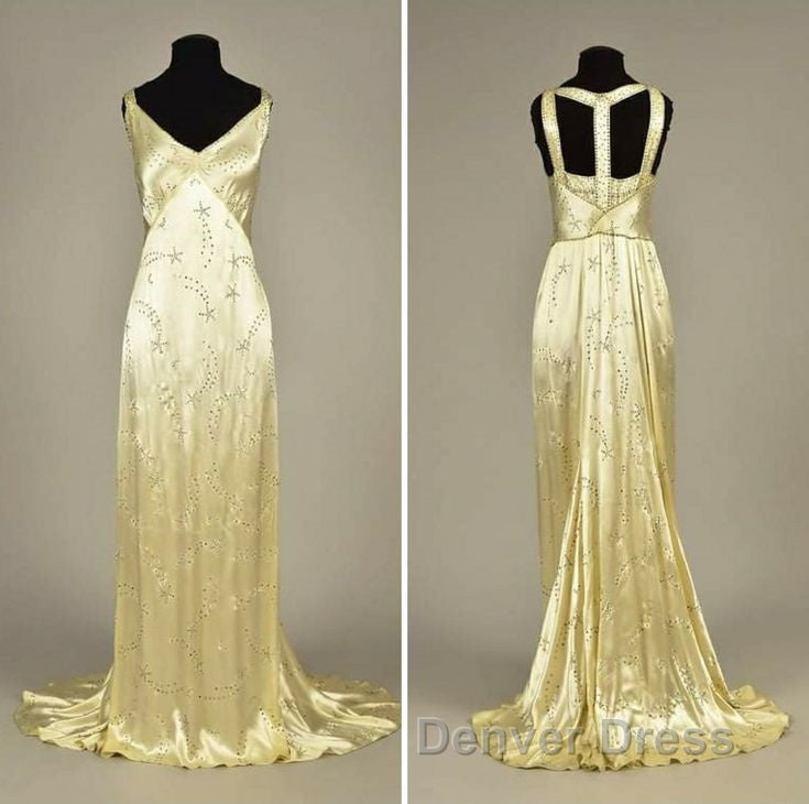 Modest A Line V Neckline Yellow Satin Beads Long Party Dresses Prom Dresses