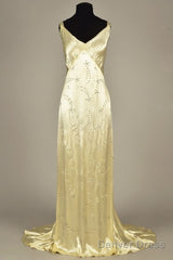 Modest A Line V Neckline Yellow Satin Beads Long Party Dress Prom Dresses