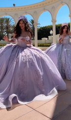 Modest Ball Gowns Off The Shoulder Lilac Lace Tulle Long Quinceanera Dress Prom Gown Vestido De 15 Anos Sweet 16 Dresses