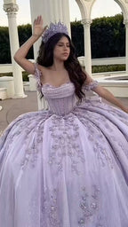 Modest Ball Gowns Off The Shoulder Lilac Lace Tulle Long Quinceanera Dress Prom Gown Vestido De 15 Anos Sweet 16 Dresses