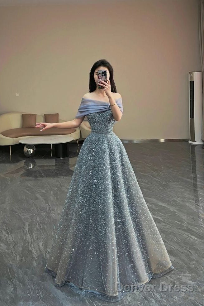 Modest Ball Gown Off The Shoulder Sequin Long Party Dress Gray Prom Dress