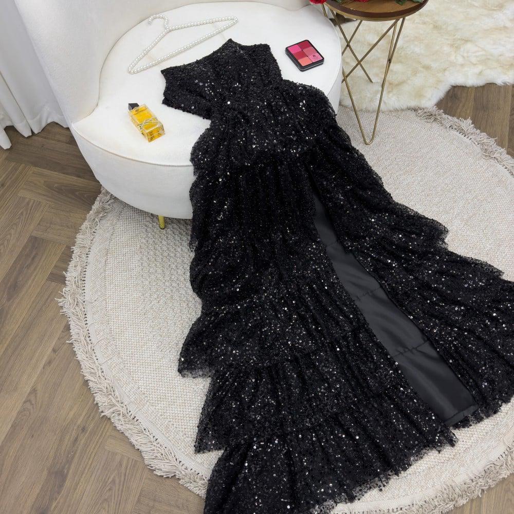 Modest Ball Gowns Strapless Black Sequin Floor Length Slit Prom Dresses Prom Gown