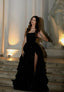 Modest Ball Gowns Strapless Black Sequin Floor Length Slit Prom Dresses Prom Gown