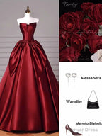 Modest Ball Gowns Strapless Burgundy Satin Floor Length Prom Dress