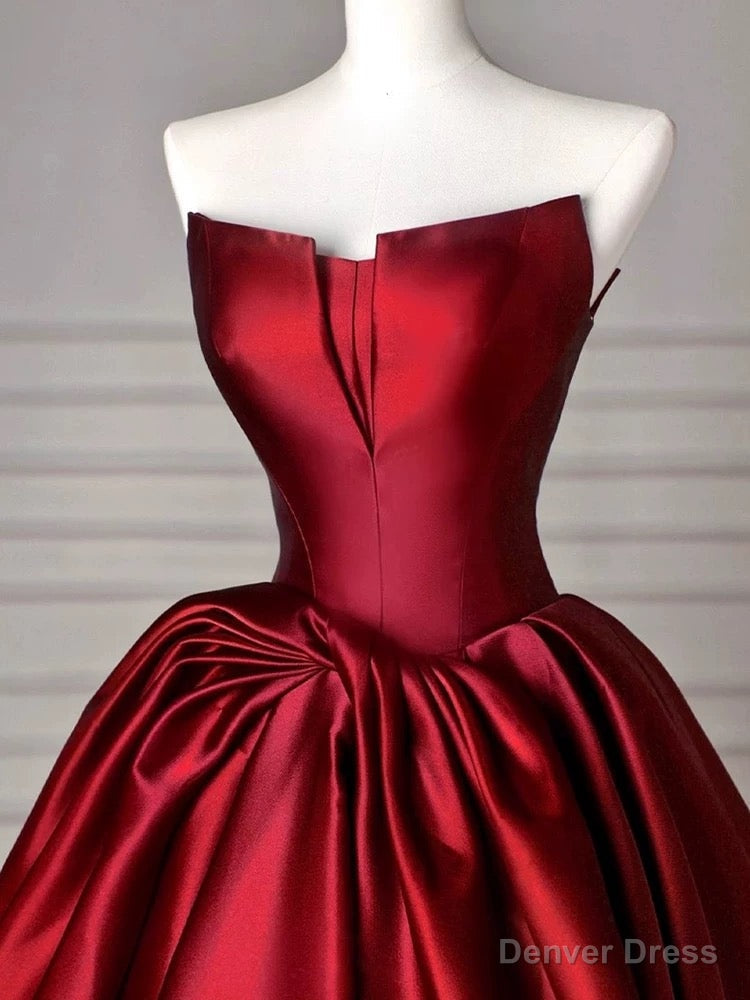 Modest Ball Gowns Strapless Burgundy Satin Floor Length Prom Dress
