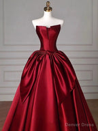 Modest Ball Gowns Strapless Burgundy Satin Floor Length Prom Dress