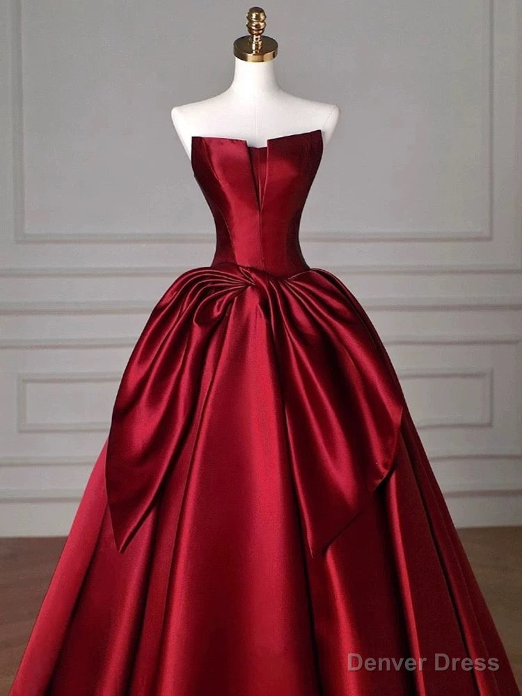 Modest Ball Gowns Strapless Burgundy Satin Floor Length Prom Dress