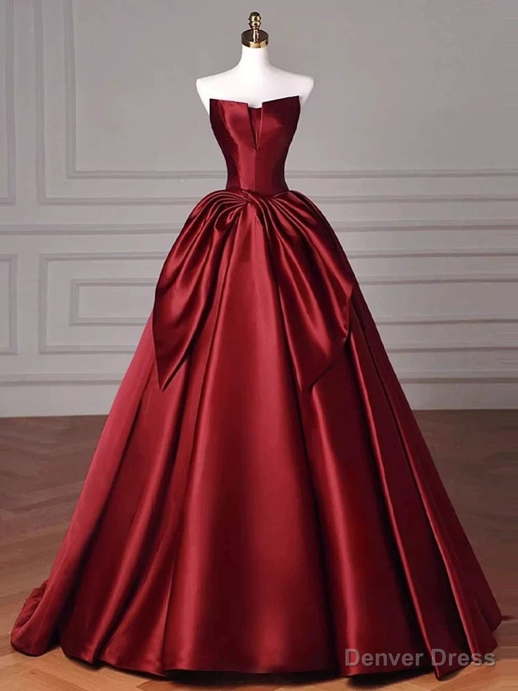 Modest Ball Gowns Strapless Burgundy Satin Floor Length Prom Dress