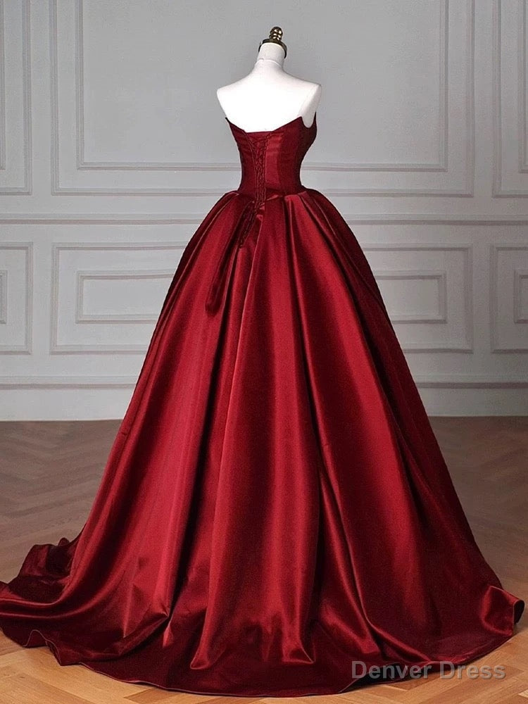 Modest Ball Gowns Strapless Burgundy Satin Floor Length Prom Dress