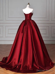 Modest Ball Gown Strapless Burgundy Satin Floor Length Evening Dress Prom Dresses
