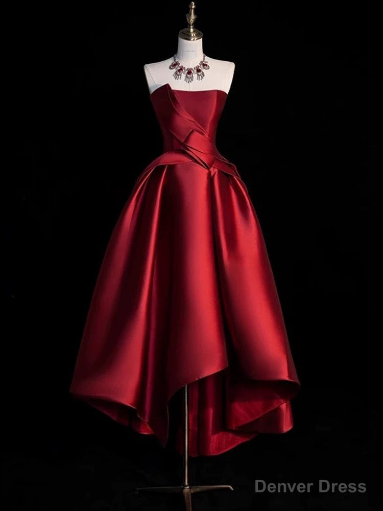 Modest Ball Gowns Strapless Burgundy Satin High Low Prom Dress