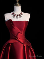 Modest Ball Gowns Strapless Burgundy Satin High Low Prom Dress