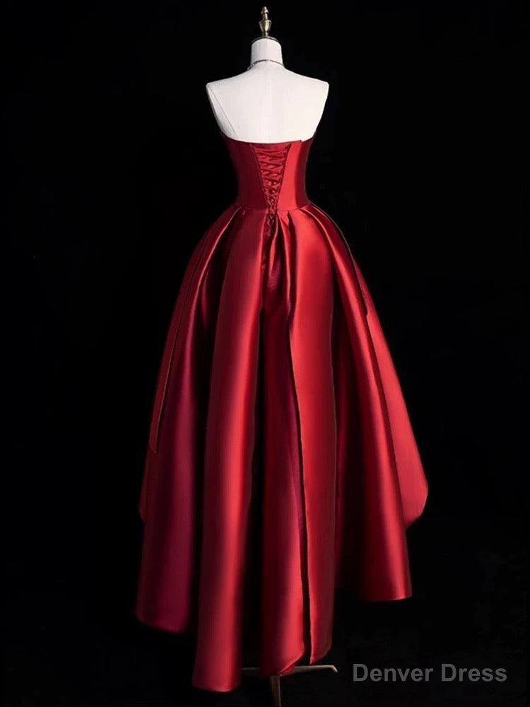 Modest Ball Gowns Strapless Burgundy Satin High Low Prom Dress