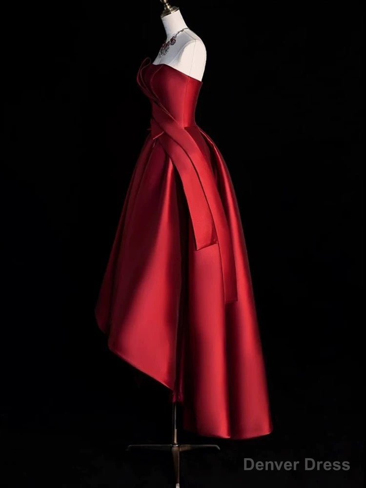 Modest Ball Gowns Strapless Burgundy Satin High Low Prom Dress