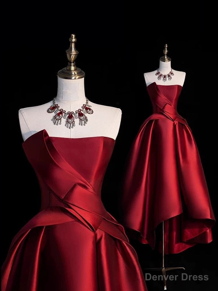 Modest Ball Gowns Strapless Burgundy Satin High Low Prom Dress Main image