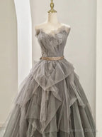 Modest Ball Gowns Sweetheart Tulle Floor Length Prom Dress Gray Prom Dresses