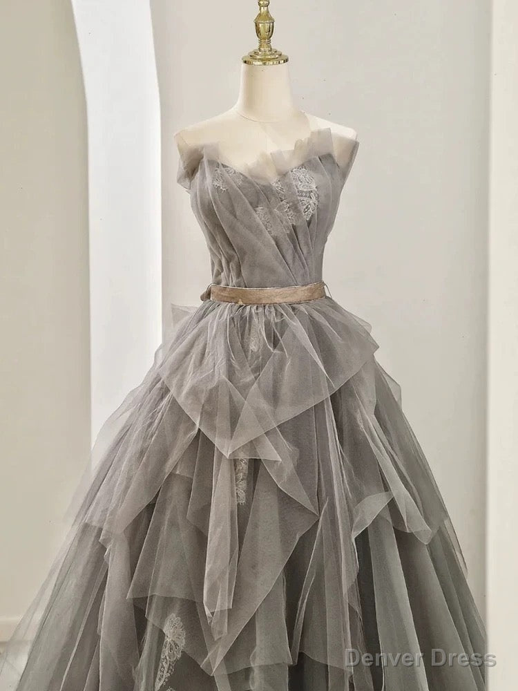 Modest Ball Gowns Sweetheart Tulle Floor Length Prom Dress Gray Prom Dresses