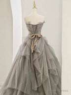 Modest Ball Gowns Sweetheart Tulle Floor Length Prom Dress Gray Prom Dresses