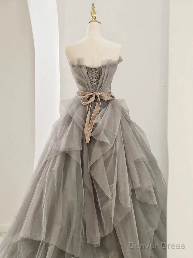 Modest Ball Gowns Sweetheart Tulle Floor Length Prom Dress Gray Prom Dresses