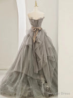 Modest Ball Gowns Sweetheart Tulle Floor Length Prom Dress Gray Prom Dresses