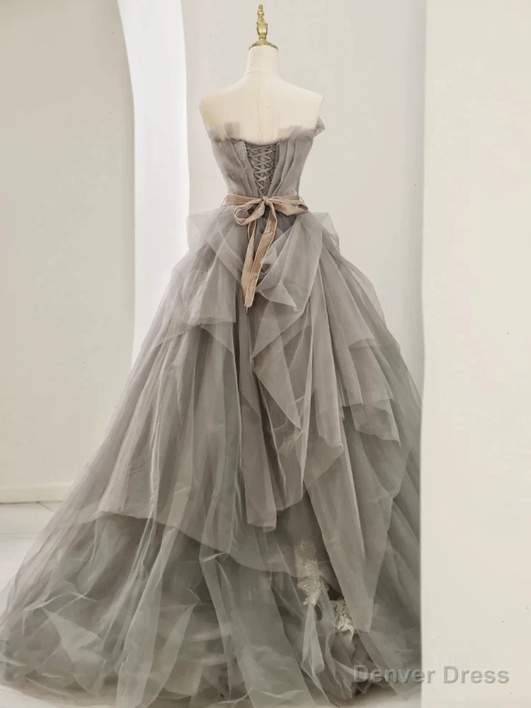 Modest Ball Gowns Sweetheart Tulle Floor Length Prom Dress Gray Prom Dresses