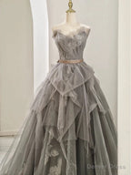 Modest Ball Gowns Sweetheart Tulle Floor Length Prom Dress Gray Prom Dresses