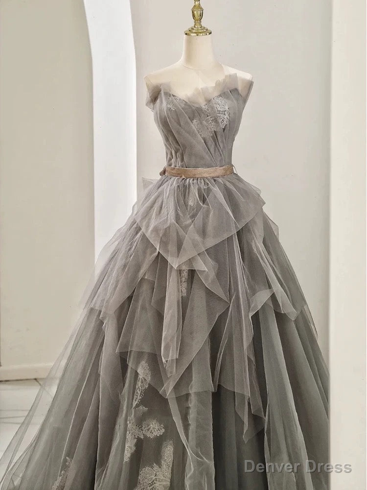 Modest Ball Gowns Sweetheart Tulle Floor Length Prom Dress Gray Prom Dresses