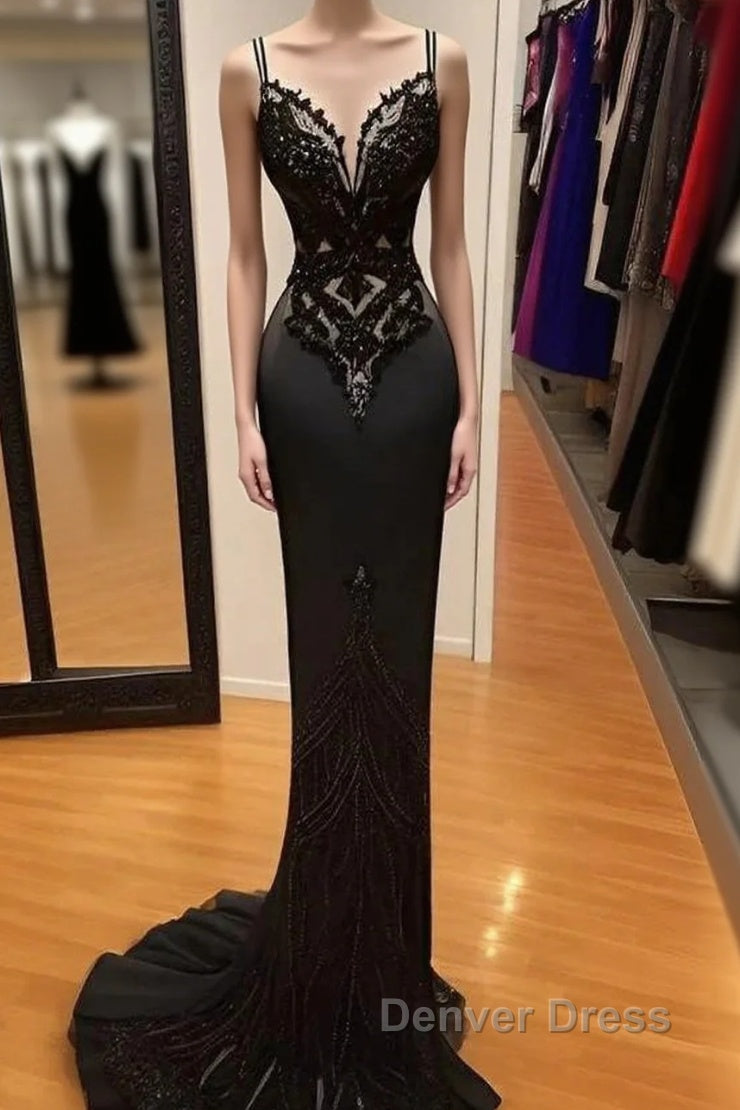 Modest Black Spaghetti Strap Mermaid Satin Prom Dresses Long Prom Dresses Main image
