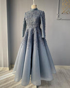 Modest Blue Prom Dress Lace Emroidery Prom Dresses