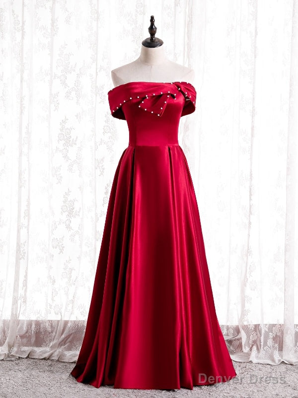 Modest Burgundy Satin Off the Shoulder Pearls Prom Dresses