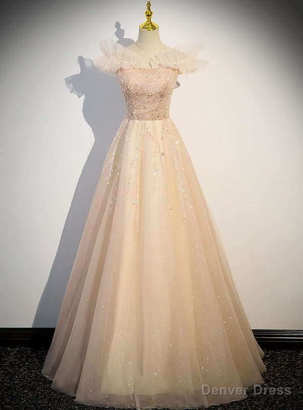 Modest Champagne Tulle Sequins Off the Shoulder Prom Dresses