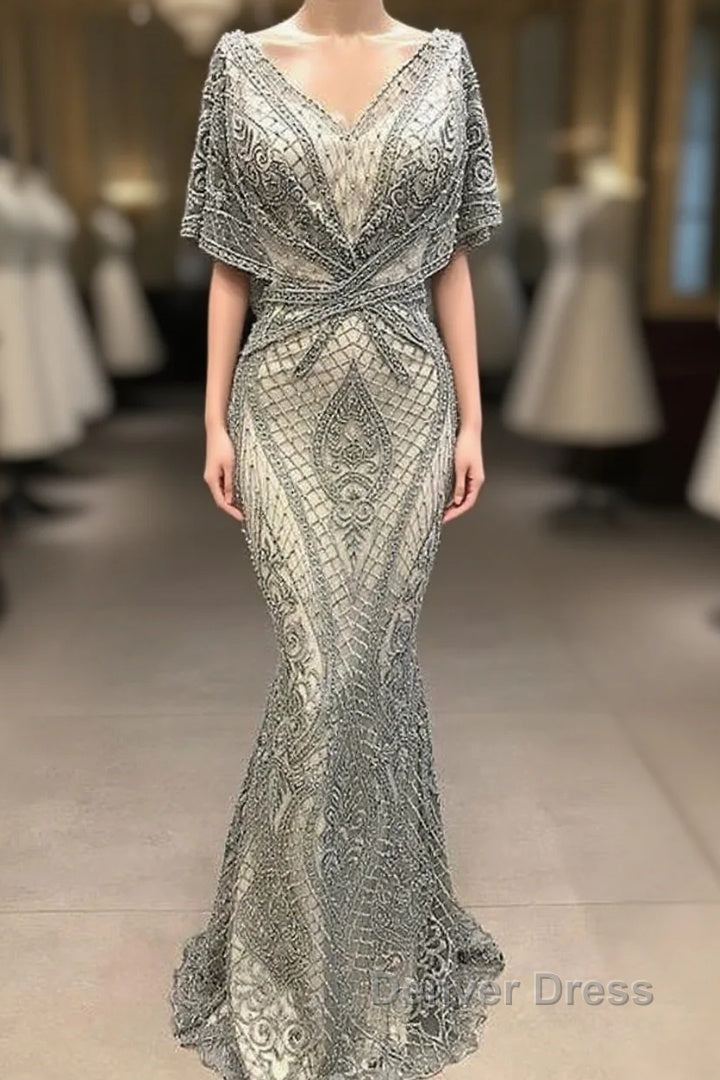 Modest Evening Dresses Long Gray Lace Appliqu篓娄 Beaded Elegant Mermaid Prom Dresses