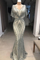 Modest Evening Dresses Long Gray Lace Appliqu篓娄 Beaded Elegant Mermaid Prom Dresses