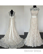 Modest High Neck Lace Mermaid Wedding Dress Bow Back