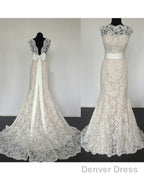Modest High Neck Lace Mermaid Wedding Dresses Bow Back