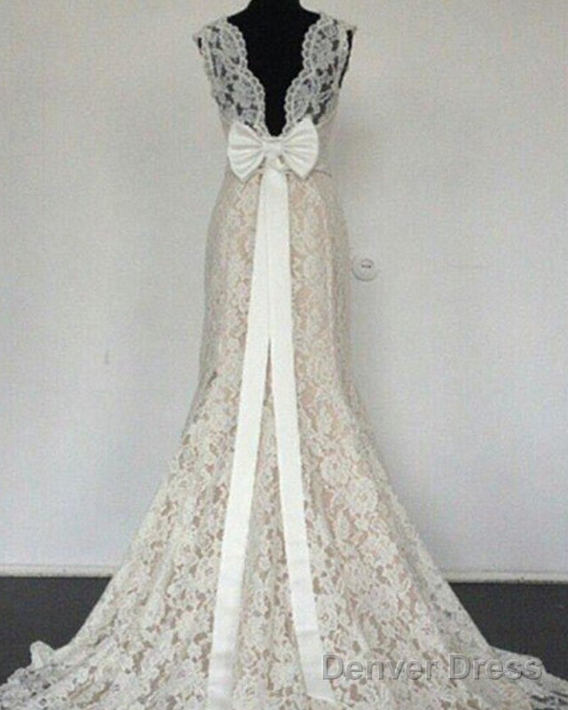 Modest High Neck Lace Mermaid Wedding Dresses Bow Back Main image