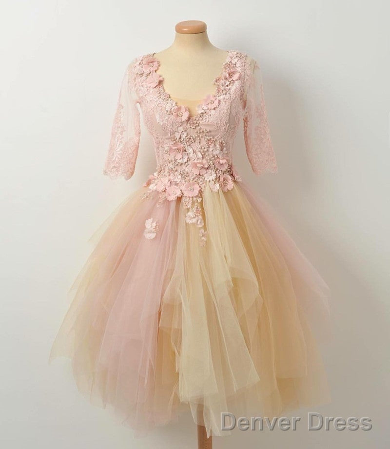 Modest Lace 3 4 Sleeves Tulle Prom Homecoming Dresses Short Main image