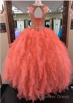 Modest Lace Appliques Organza Ruffles Coral Quinceanera Dresses Ball Gowns