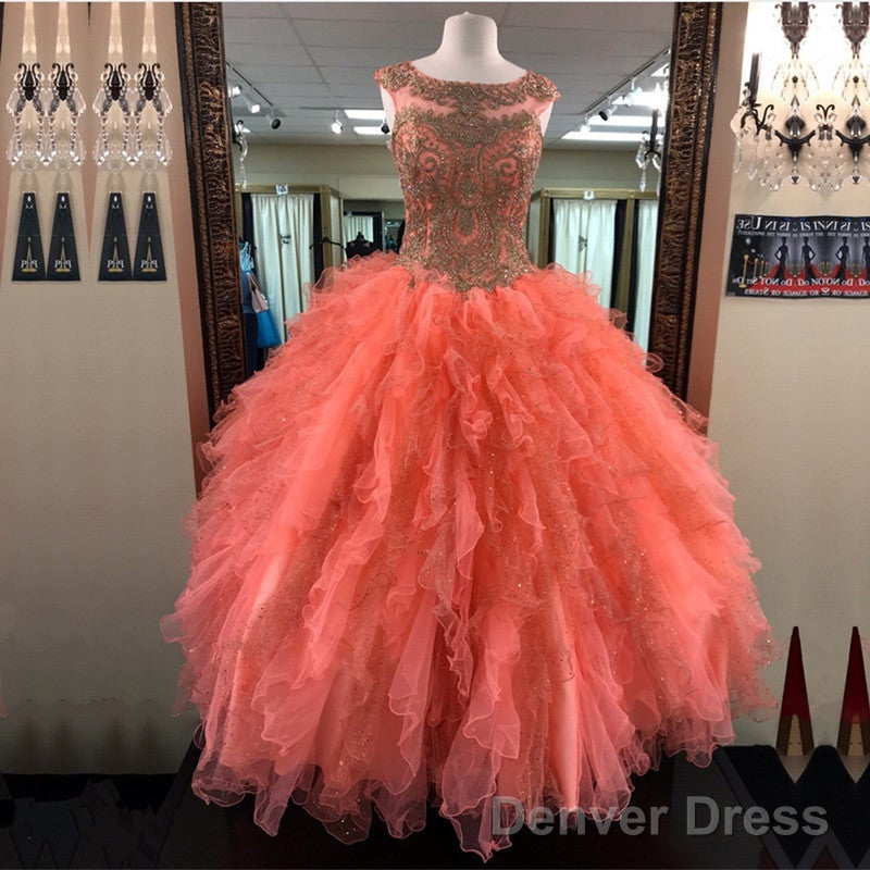 Modest Lace Appliques Organza Ruffles Coral Quinceanera Dresses Ball Gowns Main image