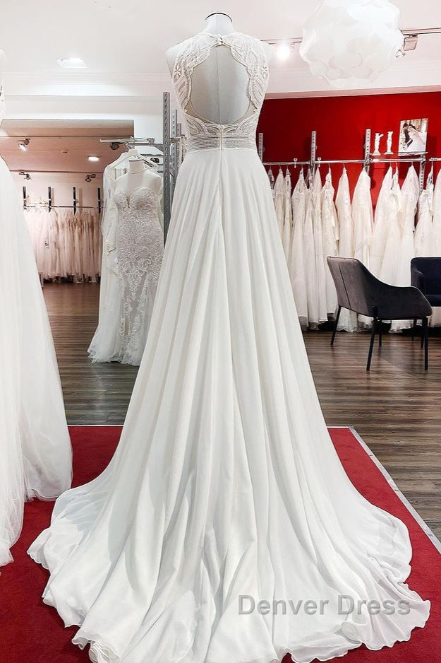 Modest Long A-line Chiffon Jewel Appliques Open Back Wedding Dresses