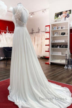 Modest Long A-line Chiffon Jewel Appliques Open Back Wedding Dresses