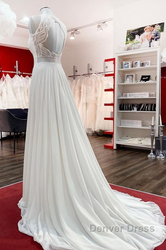 Modest Long A-line Chiffon Jewel Appliques Open Back Wedding Dresses