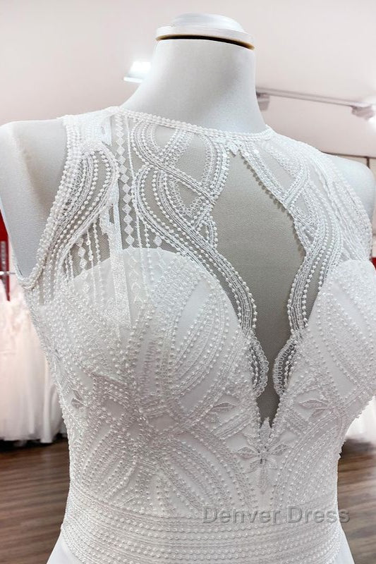 Modest Long A Line Chiffon Jewel Appliques Open Back Wedding Dresses