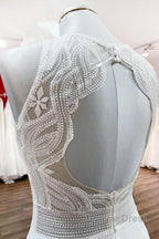 Modest Long A-line Chiffon Jewel Appliques Open Back Wedding Dresses