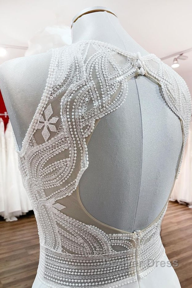 Modest Long A-line Chiffon Jewel Appliques Open Back Wedding Dresses